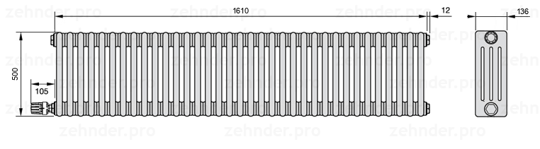 Схема (чертеж) Радиатор Zehnder Charleston 4050/35 №V003 Белый глянцевый RAL 9016